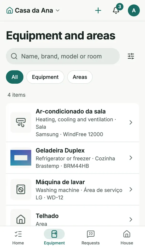 List of appliances and areas in Lumora with search, filters and items such as an air conditioner, fridge, washing machine and roof.