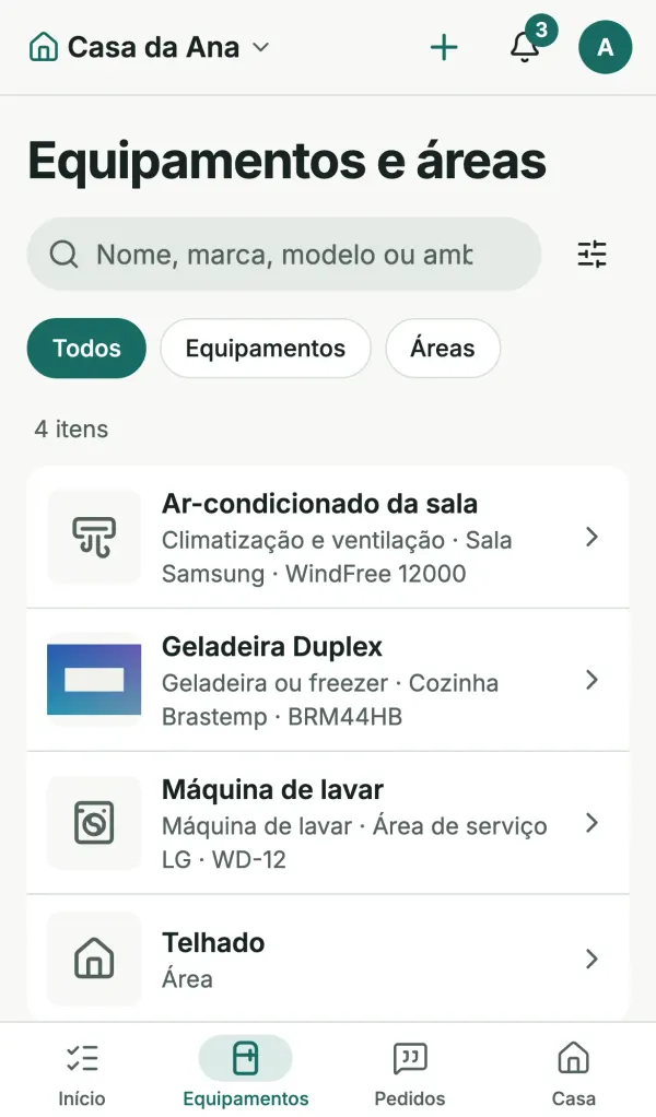 Lista de equipamentos e áreas no Lumora com busca, filtros e itens como ar-condicionado, geladeira, máquina de lavar e telhado.