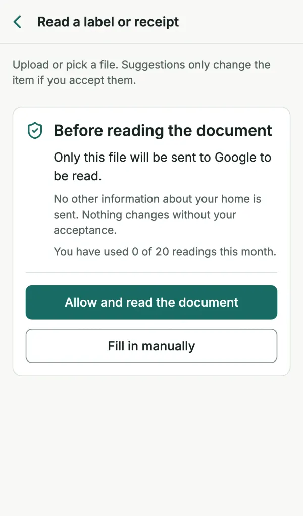 Lumora consent screen: “Only this file will be sent to Google to be read. No other information about your home is sent. Nothing changes without your acceptance.”