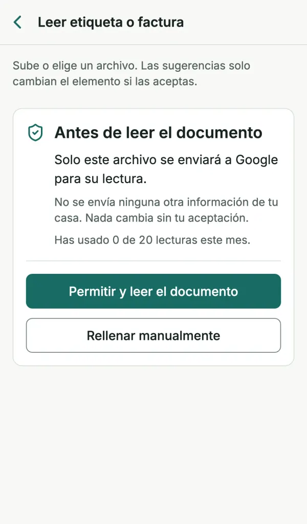 Pantalla de consentimiento de Lumora: “Solo este archivo se enviará a Google para su lectura. No se envía ninguna otra información de tu casa. Nada cambia sin tu aceptación.”