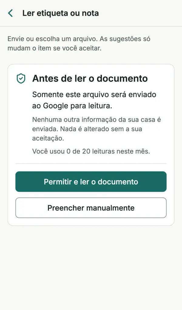 Tela de consentimento do Lumora: “Somente este arquivo será enviado ao Google para leitura. Nenhuma outra informação da sua casa é enviada. Nada é alterado sem a sua aceitação.”
