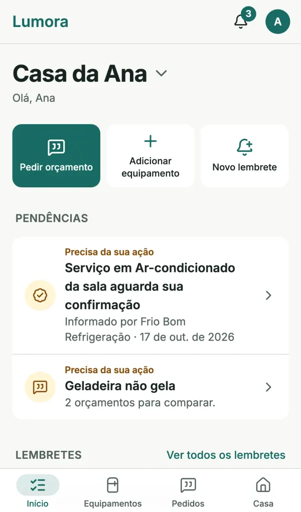 Tela inicial do Lumora com pendências da casa, como um serviço aguardando confirmação e orçamentos para comparar.
