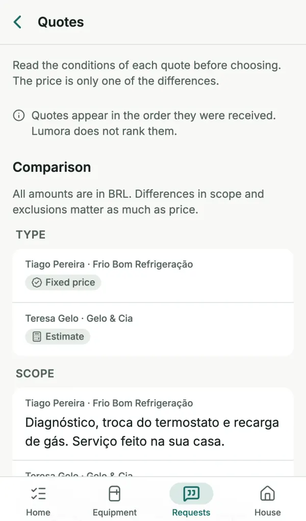 Quote comparison in Lumora: two technicians, with quote type and scope side by side, in the order they were received.