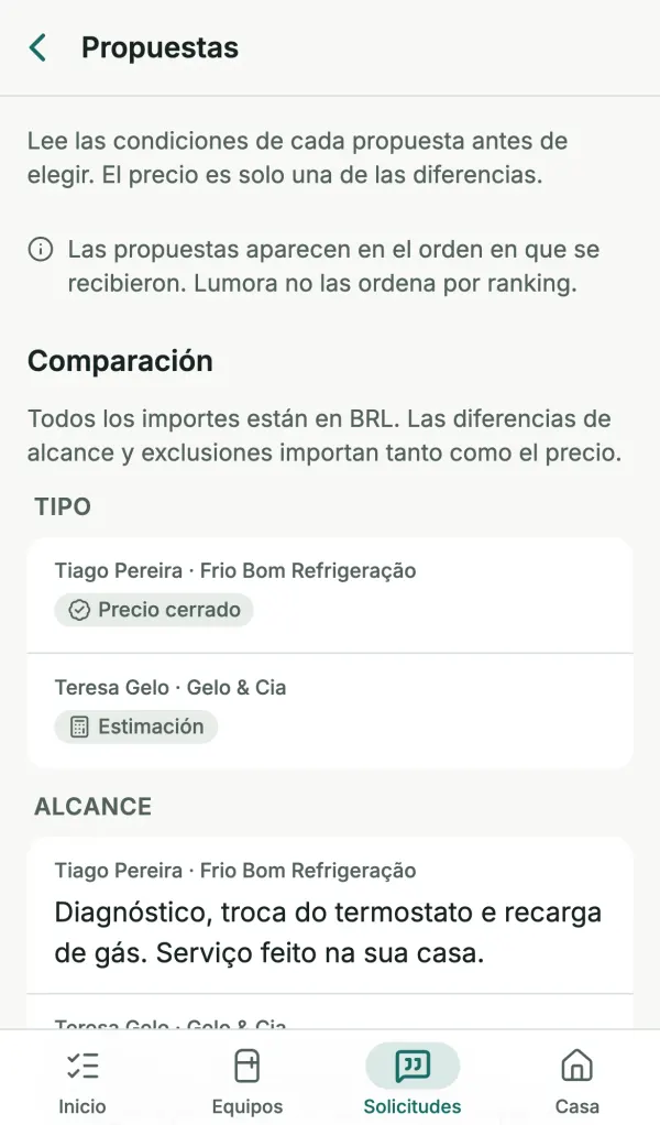 Comparación de propuestas en Lumora: dos técnicos, con tipo de propuesta y alcance lado a lado, en el orden en que se recibieron.