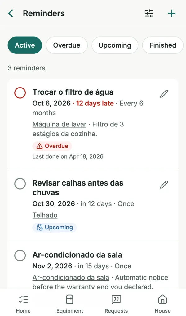 Reminder list in Lumora with an overdue filter replacement and other upcoming reminders.