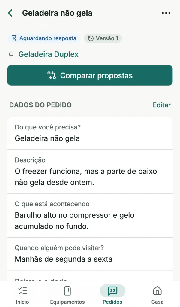Pedido “Geladeira não gela” no Lumora, aguardando respostas, com o botão Comparar propostas.