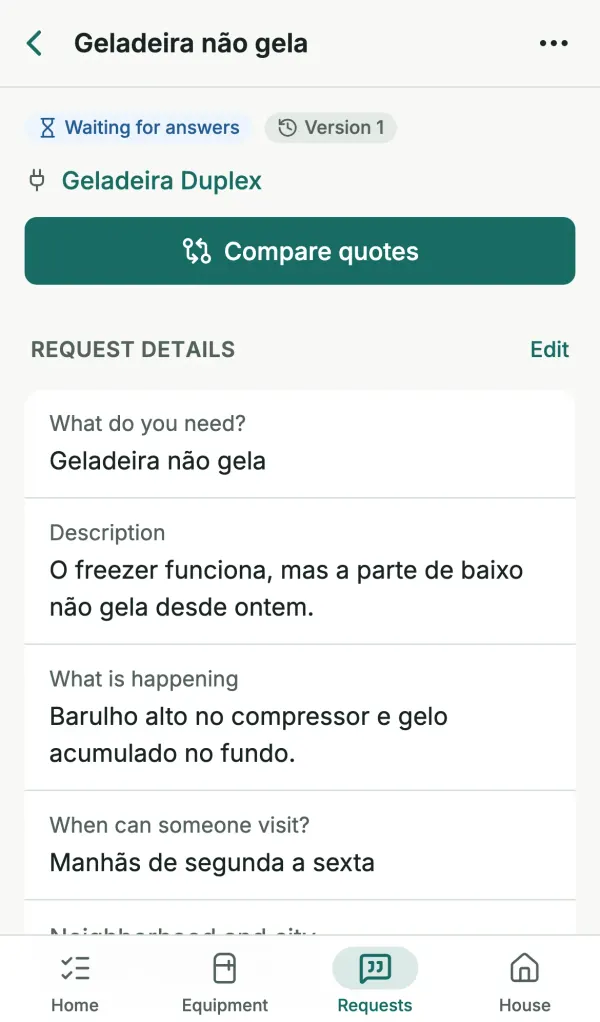 Request “Geladeira não gela” (fridge not cooling) in Lumora, waiting for answers, with the Compare quotes button.